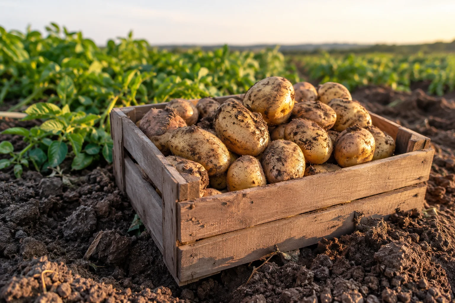 AI-generated illustrative editorial photograph for Forge Automatic Photo Check: a wooden crate of freshly dug potatoes on loose soil beside green plants
