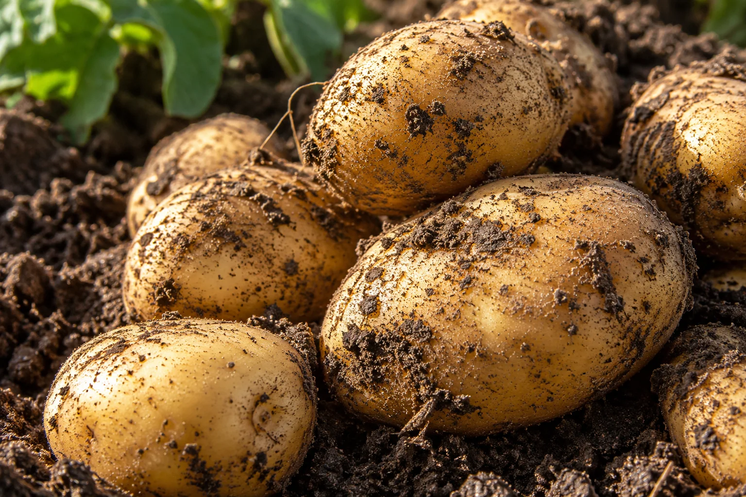 AI-generated illustrative detail photograph for Forge Automatic Photo Check: close view of soil-covered potatoes resting on dark earth