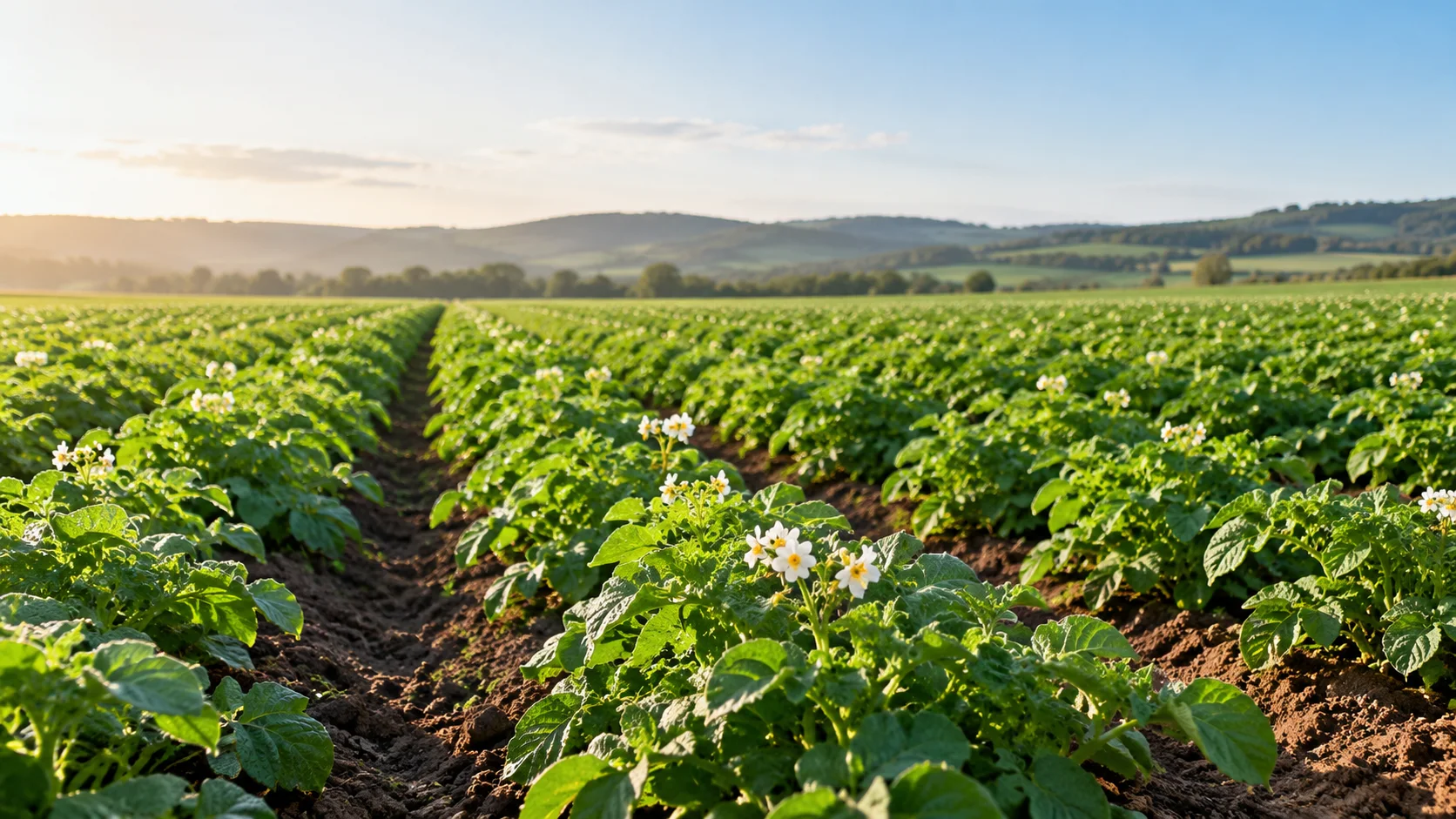 AI-generated illustrative hero photograph for Forge Automatic Photo Check: rows of flowering potato plants in brown soil under low sun, with hills behind
